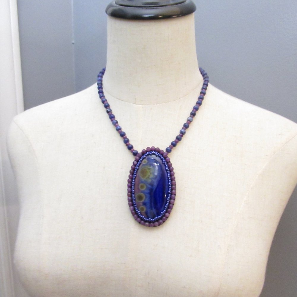 Artisan Bead embroidered cabochon on Sodalite and Lepidolite necklace